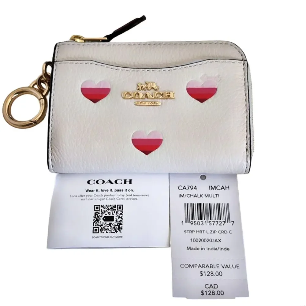 Coach Ivory Leather Zip Card Case with Pink Heart Motif